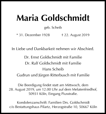 Anzeige von Maria Goldschmidt von Kölner Stadt-Anzeiger / Kölnische Rundschau / Express