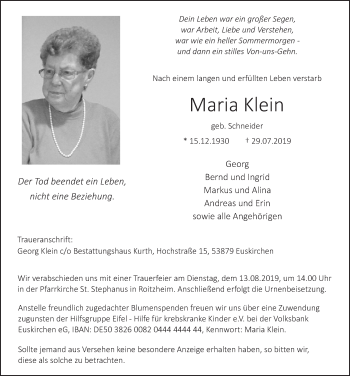 Anzeige von Maria Klein von  Blickpunkt Euskirchen 