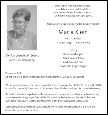 Anzeige von Maria Klein von Kölner Stadt-Anzeiger / Kölnische Rundschau / Express
