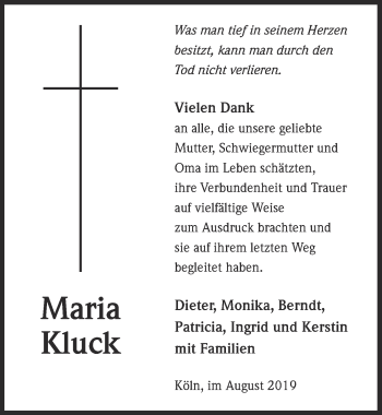Anzeige von Maria Kluck von  Kölner Wochenspiegel 
