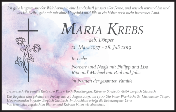 Anzeige von Maria Krebs von Kölner Stadt-Anzeiger / Kölnische Rundschau / Express