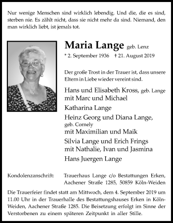 Anzeige von Maria Lange von Kölner Stadt-Anzeiger / Kölnische Rundschau / Express