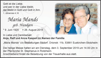 Anzeige von Maria Mands von  Blickpunkt Euskirchen 