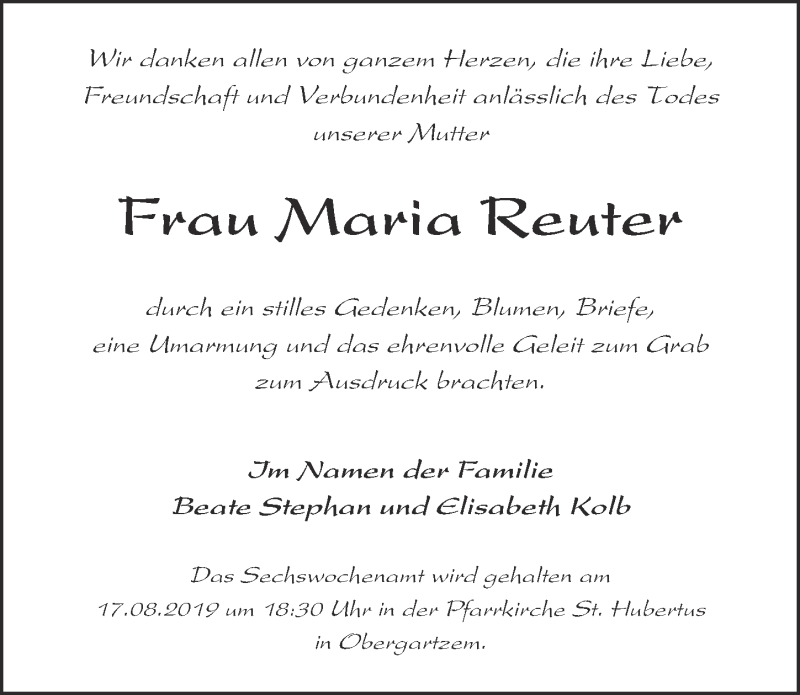  Traueranzeige für Maria Reuter vom 10.08.2019 aus  Blickpunkt Euskirchen 
