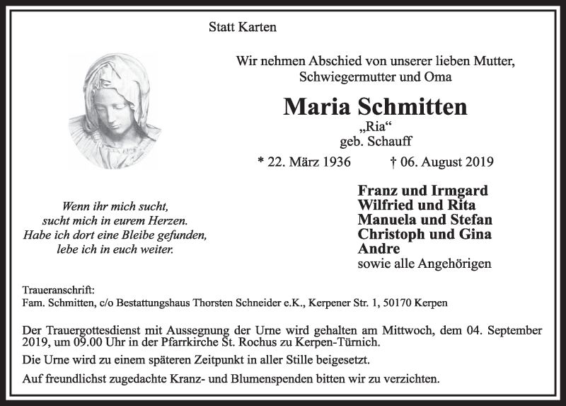  Traueranzeige für Maria Schmitten vom 24.08.2019 aus  Sonntags-Post 