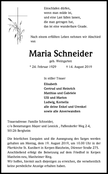 Anzeige von Maria Schneider von Kölner Stadt-Anzeiger / Kölnische Rundschau / Express