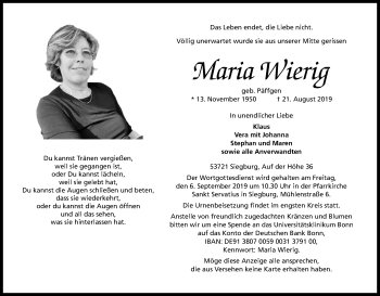 Anzeige von Maria Wierig von Kölner Stadt-Anzeiger / Kölnische Rundschau / Express