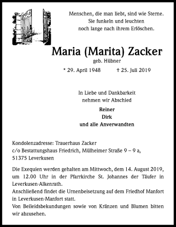 Anzeige von Maria  Zacker von Kölner Stadt-Anzeiger / Kölnische Rundschau / Express