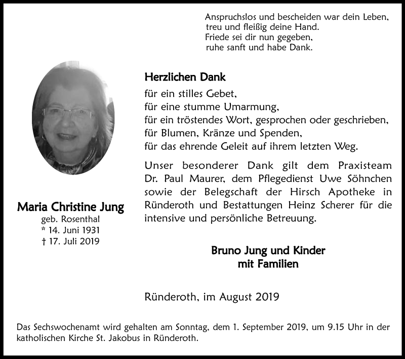  Traueranzeige für Maria Christine Jung vom 24.08.2019 aus Kölner Stadt-Anzeiger / Kölnische Rundschau / Express