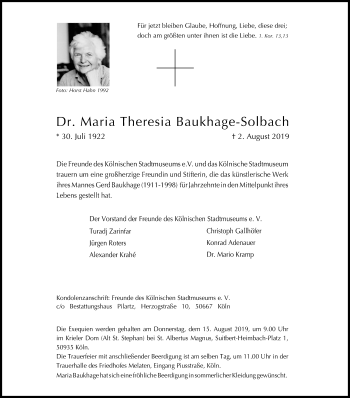 Anzeige von Maria Theresia Baukhagae-Solbach von Kölner Stadt-Anzeiger / Kölnische Rundschau / Express