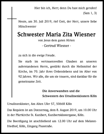 Anzeige von Maria Zita Wiesner von Kölner Stadt-Anzeiger / Kölnische Rundschau / Express