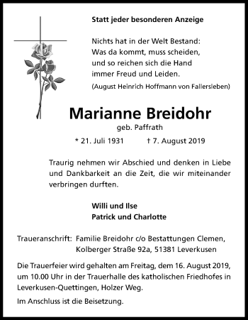 Anzeige von Marianne Breidohr von Kölner Stadt-Anzeiger / Kölnische Rundschau / Express