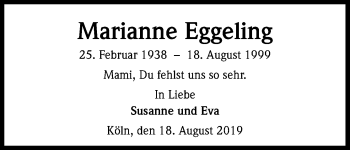 Anzeige von Marianne Eggeling von Kölner Stadt-Anzeiger / Kölnische Rundschau / Express