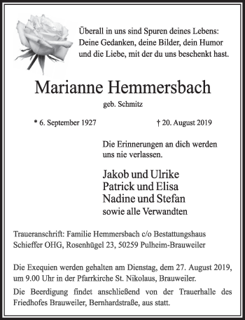 Anzeige von Marianne Hemmersbach von  Sonntags-Post 