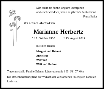Anzeige von Marianne Herbertz von Kölner Stadt-Anzeiger / Kölnische Rundschau / Express