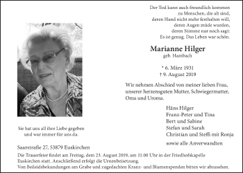Anzeige von Marianne Hilger von  Blickpunkt Euskirchen 
