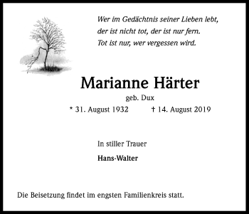 Anzeige von Marianne Härter von Kölner Stadt-Anzeiger / Kölnische Rundschau / Express