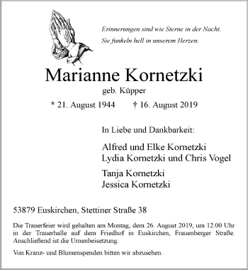 Anzeige von Marianne Kornetzki von  Blickpunkt Euskirchen 