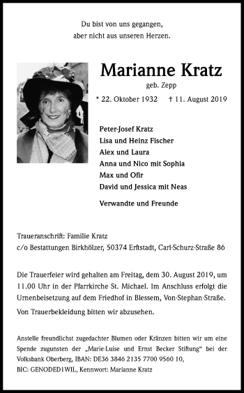 Anzeige von Marianne Kratz von Kölner Stadt-Anzeiger / Kölnische Rundschau / Express