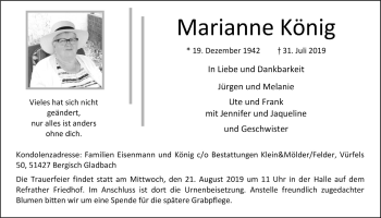 Anzeige von Marianne König von  Bergisches Handelsblatt 