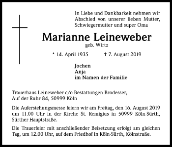Anzeige von Marianne Leineweber von Kölner Stadt-Anzeiger / Kölnische Rundschau / Express