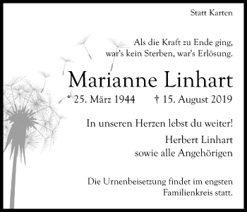 Anzeige von Marianne Linhart von Kölner Stadt-Anzeiger / Kölnische Rundschau / Express