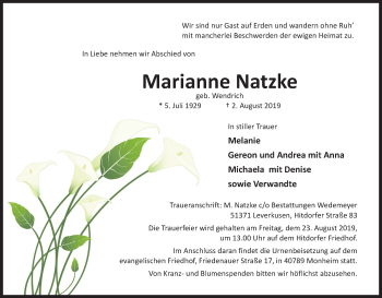 Anzeige von Marianne Natzke von Kölner Stadt-Anzeiger / Kölnische Rundschau / Express