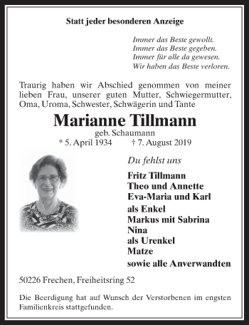 Anzeige von Marianne Tillmann von  Wochenende 