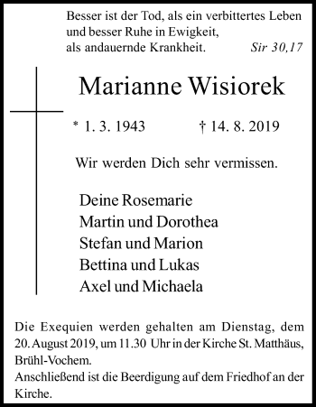 Anzeige von Marianne Wisiorek von Kölner Stadt-Anzeiger / Kölnische Rundschau / Express