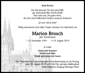 Anzeige von Marion Brosch von Kölner Stadt-Anzeiger / Kölnische Rundschau / Express