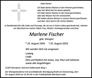 Anzeige von Marlene Fischer von Kölner Stadt-Anzeiger / Kölnische Rundschau / Express