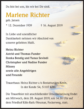 Anzeige von Marlene Richter von Kölner Stadt-Anzeiger / Kölnische Rundschau / Express