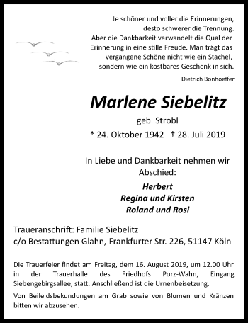 Anzeige von Marlene Siebelitz von  Kölner Wochenspiegel 