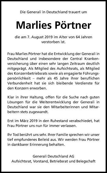 Anzeige von Marlies Pörtner von Kölner Stadt-Anzeiger / Kölnische Rundschau / Express