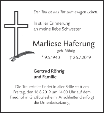 Anzeige von Marliese Haferung von  Blickpunkt Euskirchen 