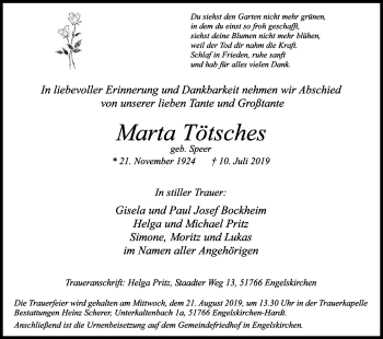 Anzeige von Marta Tötsches von Kölner Stadt-Anzeiger / Kölnische Rundschau / Express