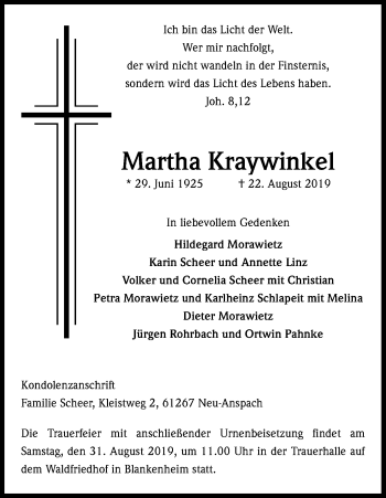 Anzeige von Martha Kraywinkel von Kölner Stadt-Anzeiger / Kölnische Rundschau / Express