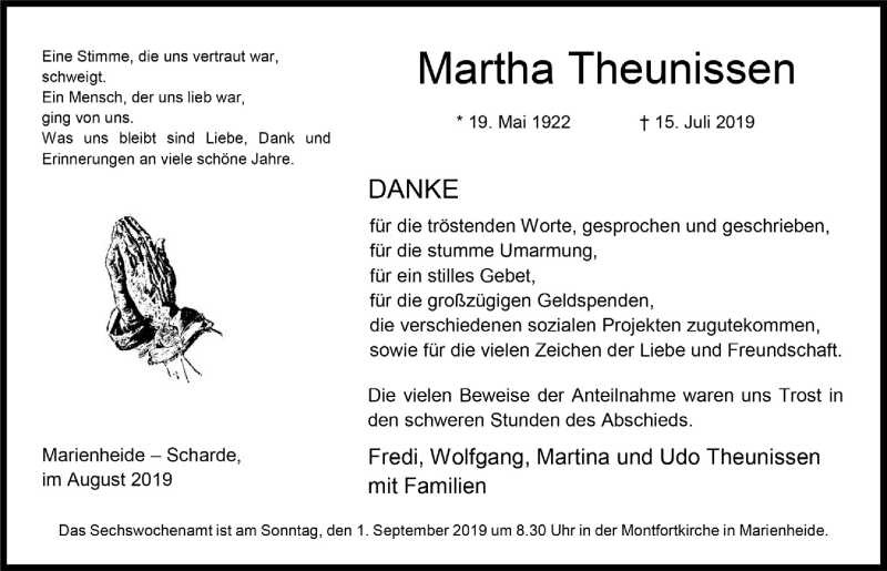  Traueranzeige für Martha Theunissen vom 28.08.2019 aus  Anzeigen Echo 