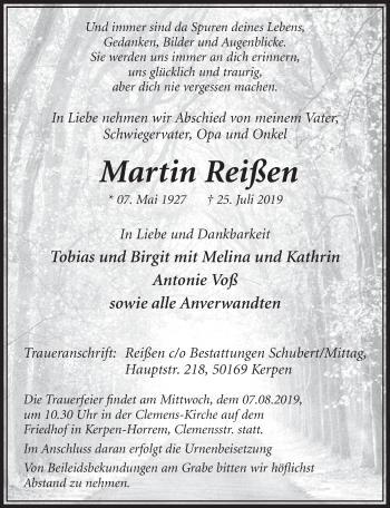 Anzeige von Martin Reißen von  Sonntags-Post 