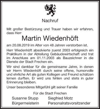 Anzeige von Martin Wiedenhöft von  Sonntags-Post 