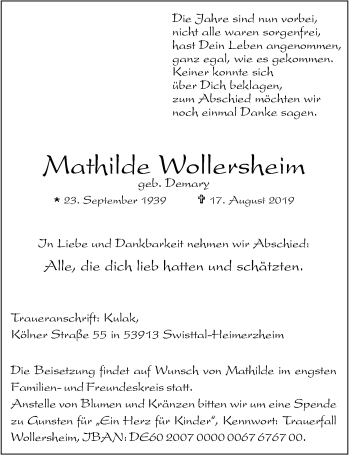 Anzeige von Mathilde Wollersheim von  Schaufenster/Blickpunkt 