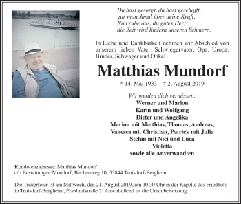 Anzeige von Matthias Mundorf von Kölner Stadt-Anzeiger / Kölnische Rundschau / Express