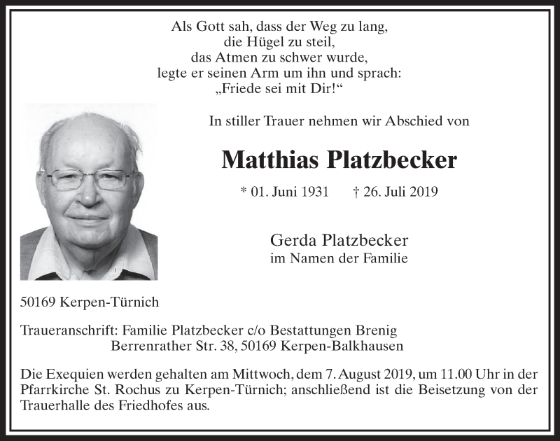  Traueranzeige für Matthias Platzbecker vom 03.08.2019 aus  Sonntags-Post 