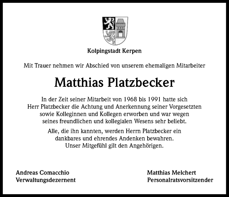  Traueranzeige für Matthias Platzbecker vom 05.08.2019 aus Kölner Stadt-Anzeiger / Kölnische Rundschau / Express