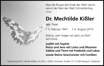 Anzeige von Mechtilde Kißler von Kölner Stadt-Anzeiger / Kölnische Rundschau / Express