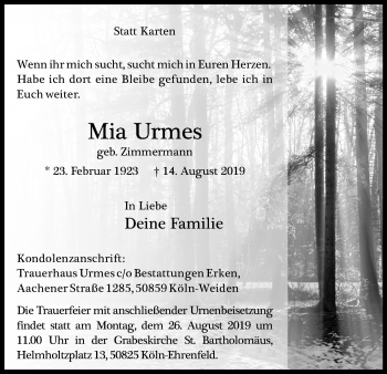 Anzeige von Mia Urmes von Kölner Stadt-Anzeiger / Kölnische Rundschau / Express