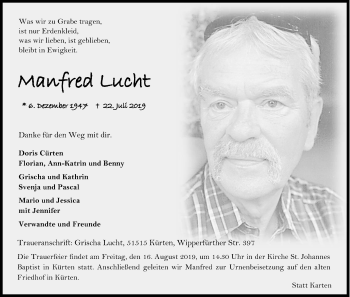 Anzeige von Mnfred Lucht von Kölner Stadt-Anzeiger / Kölnische Rundschau / Express