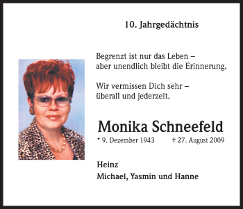 Anzeige von Monika Schneefeld von Kölner Stadt-Anzeiger / Kölnische Rundschau / Express