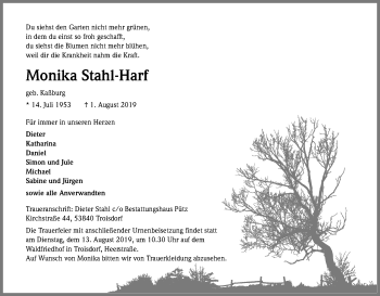 Anzeige von Monika Stahl-Harf von Kölner Stadt-Anzeiger / Kölnische Rundschau / Express