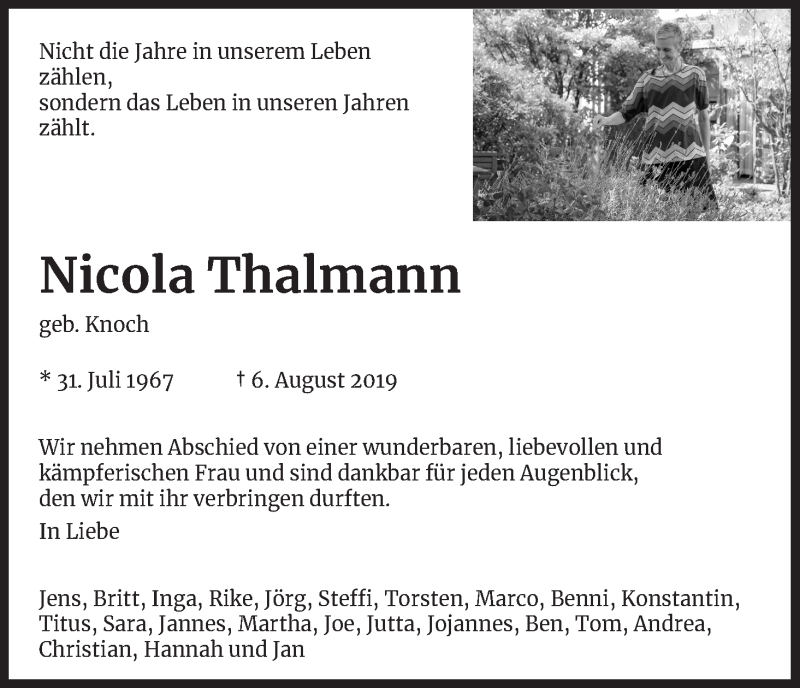  Traueranzeige für Nicola Thalmann vom 12.08.2019 aus Kölner Stadt-Anzeiger / Kölnische Rundschau / Express